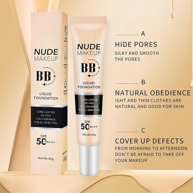 BB Cream with SPF 50, BB Cream Full Coverage, Hide Pores Blemishes, Nude Makeup Base, Even Skin Tone, Long Lasting Oil Control, Hydration BB Cream, Natural Finish for All Skin Types (Ivory)