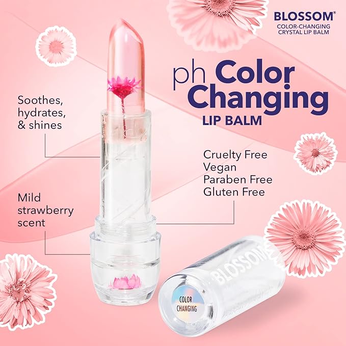 Blossom Moisturizing Custom Color Changing Crystal Lip Balm, Strawberry Scented Lip Stain Tint, Infused with Real Flowers, 3 pk, Turquoise/Pink/Purple