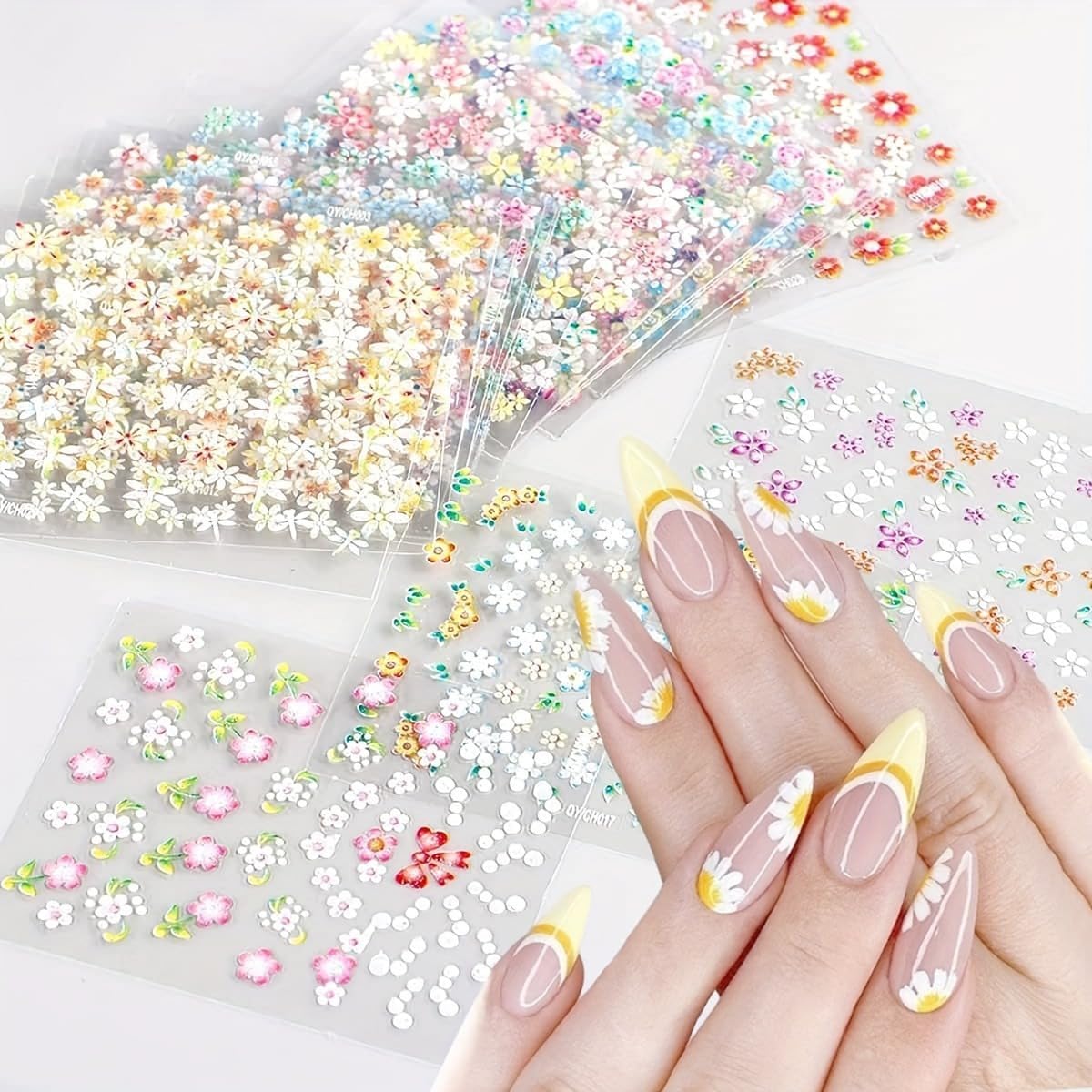 30 Sheets Flower Nail Stickers Colorful 3D Self Adhesive Cute Daisy Floral Nail Decals Heart Nail Art Charms for DIY Design (ST-F)