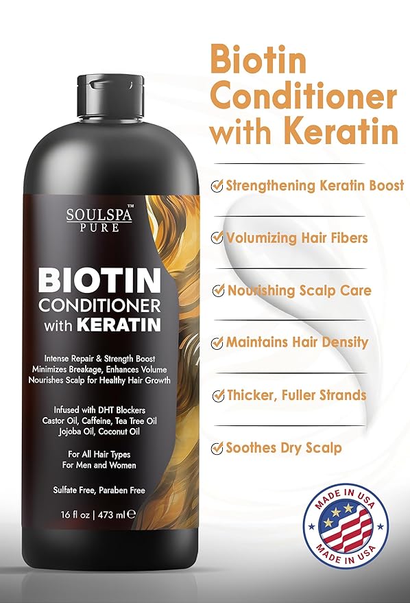 Biotin Conditioner with Keratin - Intense Repair & Strength Boost Formula - Nourishes Scalp for Healthy Hair Growth, with Tea Tree Oil & DHT Blockers, for Men & Women, 16 fl oz - SOULSPA PURE