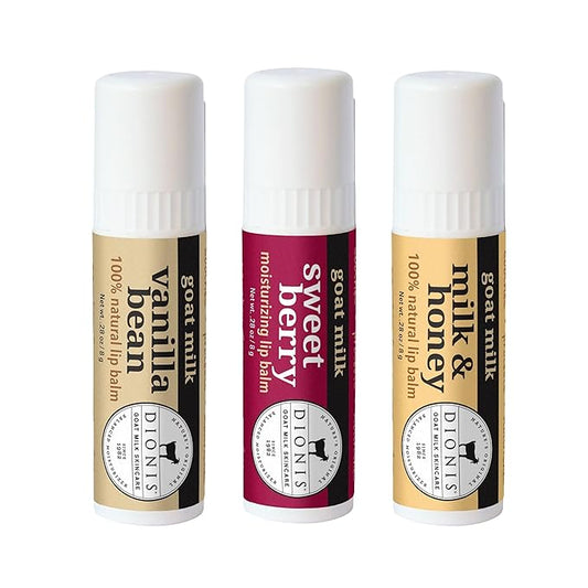 Dionis Goat Milk Skincare Warm & Sweet Lip Balm Gift Set - Beeswax, Shea Butter & Coconut Oil Lip Care Products Made in The USA - Cruelty Free Lip Moisturizer For Dry Chapped Lips, 0.28oz 3 Pack