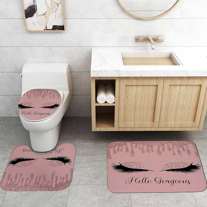 4PCS Rose Gold Glitter Hello Gorgeous Shower Curtain Set, Bling Unicorn Eyelash Makeup Glam Fashion Girly Teenage Girls Women Pink Bathroom Decor, Fabric Shower Curtain, Bath Mat Toilet Rug