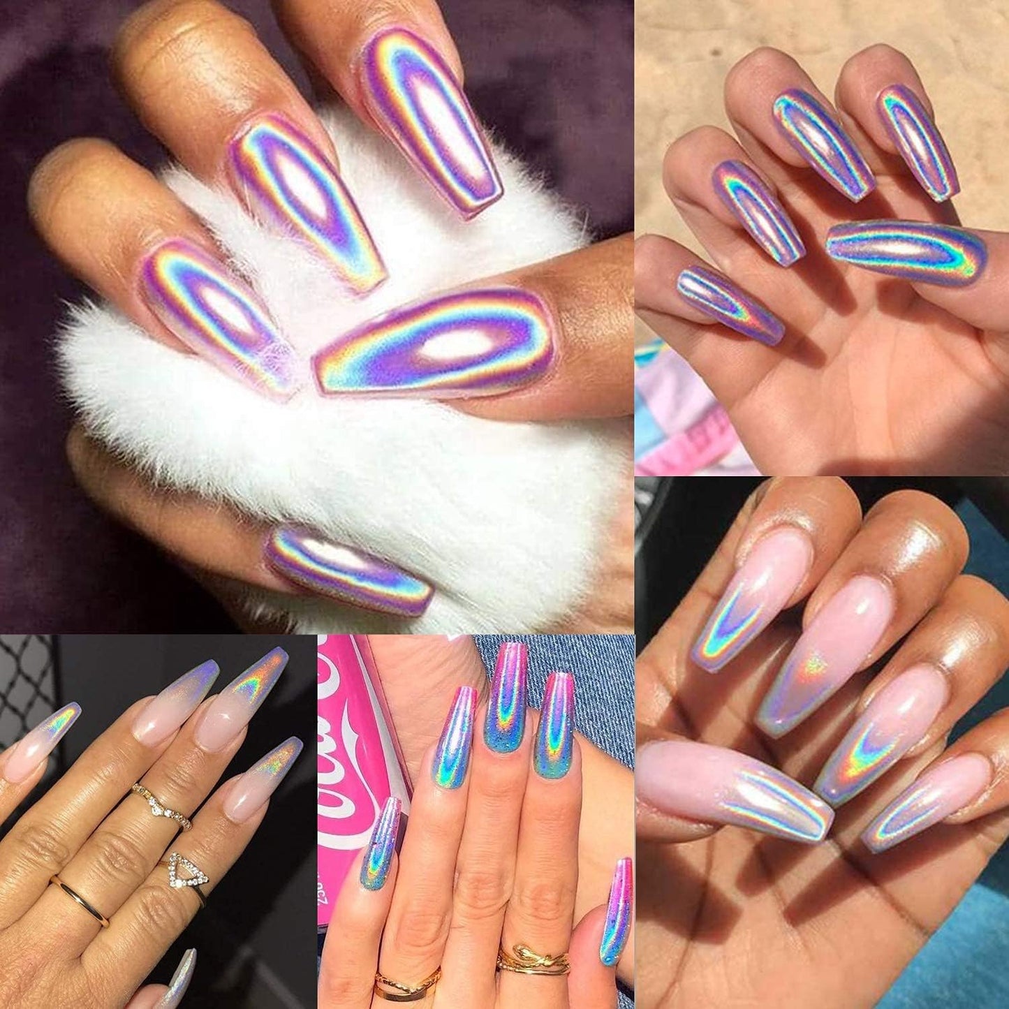 2 Jars Holographic Nail Powder Fine Rainbow Holo Mermaid Unicorn Mirror Laser Effect Multi Chrome Manicure Pigment Glitter Dust + 6PCS Sponge Tools for Salon Home Nail Art DIY Decroration