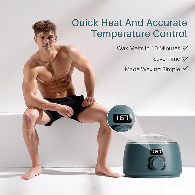 BLITZWAX Back and Nose Waxing Kit for Men, Hard Wax Warmer for Brazilian, Body and Face, At Home Hair Removal Kit, Beginner Friendly, Quick Heating, 93 Accessories, Blue Spruce