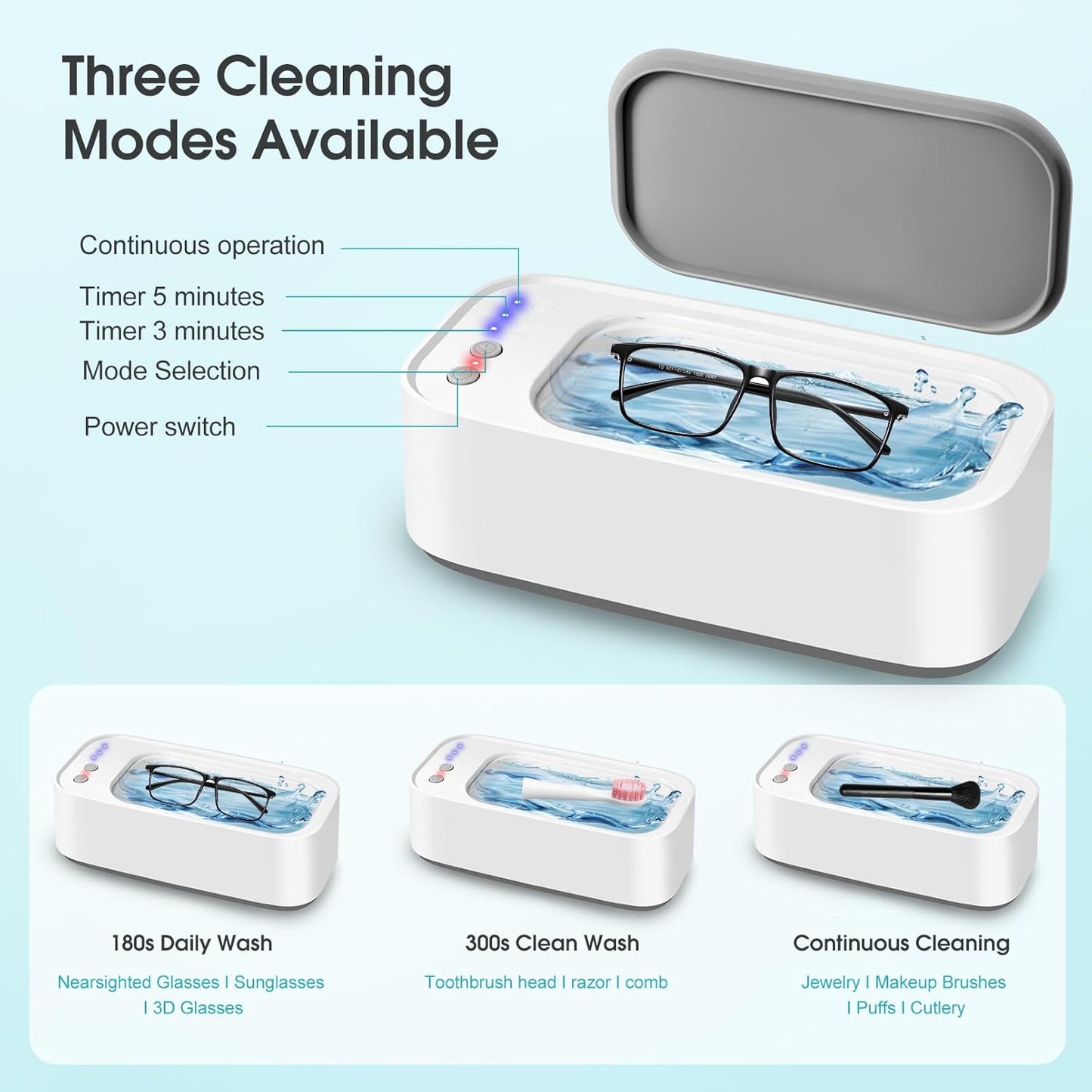 Jewelry Cleaner, Ultrasonic Jewelry Cleaner Machine with 3 Timer Cleaning Modes, Sonic Cleaner for Silver, Eyeglasses, Watch Strap, Rings, Dentures