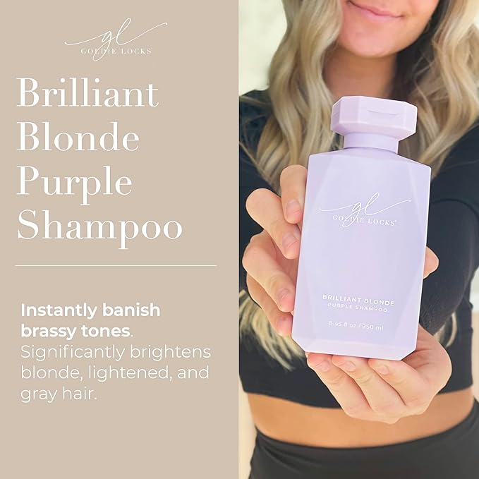 Goldie Locks Brilliant Blonde Purple Shampoo for Blonde, Lightened, Grey Hair, Extensions, Significantly Brightens, Tones, Eliminates Brass, Sulfate-Free, Nourishing, Moisturizing Leave-In, 33.8 Fl Oz