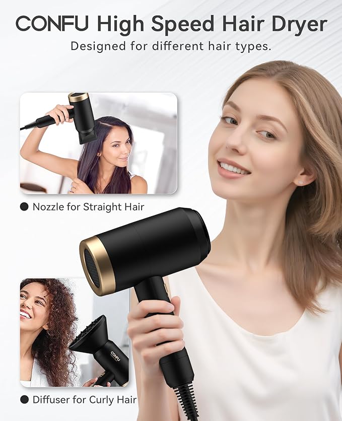 Hair Dryer, CONFU Blow Dryer with Diffuser, 21000PRM Professional Hairdryer, Portable Lightweight Fast Drying Negative Ionic Blow Dryer, Hair Diffuser for Curly Hair for Home Travel