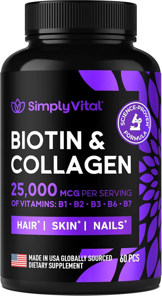 Biotin and Collagen Supplements with Keratin 25000 mcg - Hair Skin & Nails Vitamins with Collagen Keratin B Complex - Made in USA - Biotin for Hair Growth Women & Men Support Skin & Nails, 60 Capsules