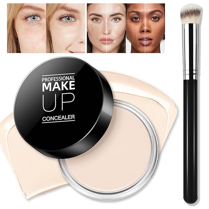 Cream Concealer Full Coverage Makeup, Matte Color Correcting Concealer with Brush, Waterproof, Conceals Blemish, Pores and Spots, Under Eye Makeup Concealer for Dark Circles (#01 IVORY WHITE)