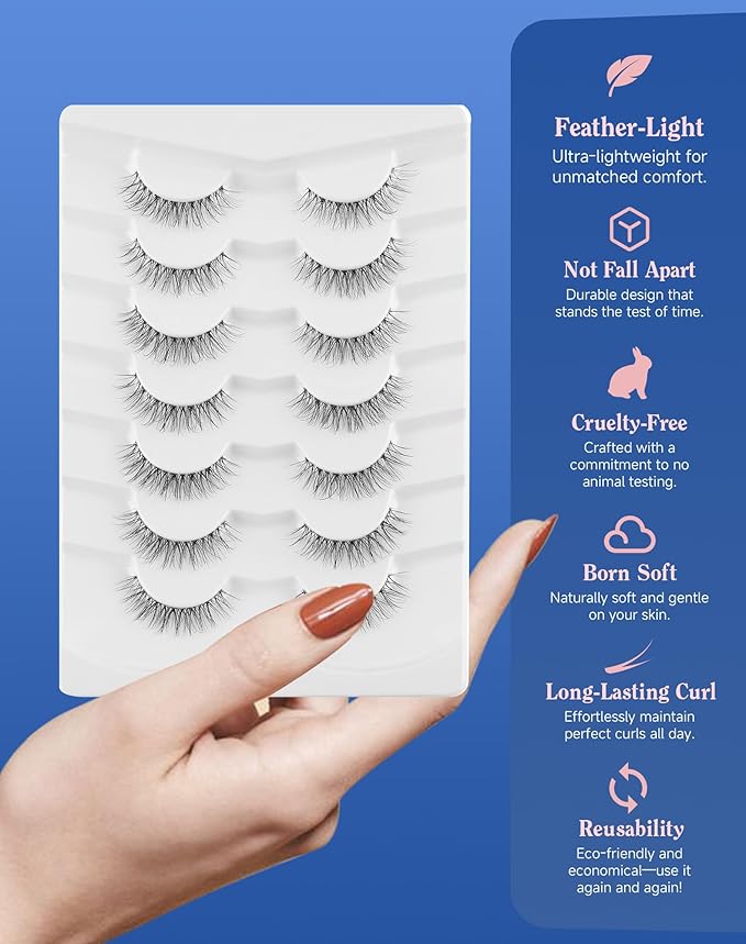 Eyelashes Natural Look Wispy Lashes Flared Strip False Eyelash Short Lash Soft False Eyelashes Fluffy Pack 7 Pairs Everyday 12MM D86