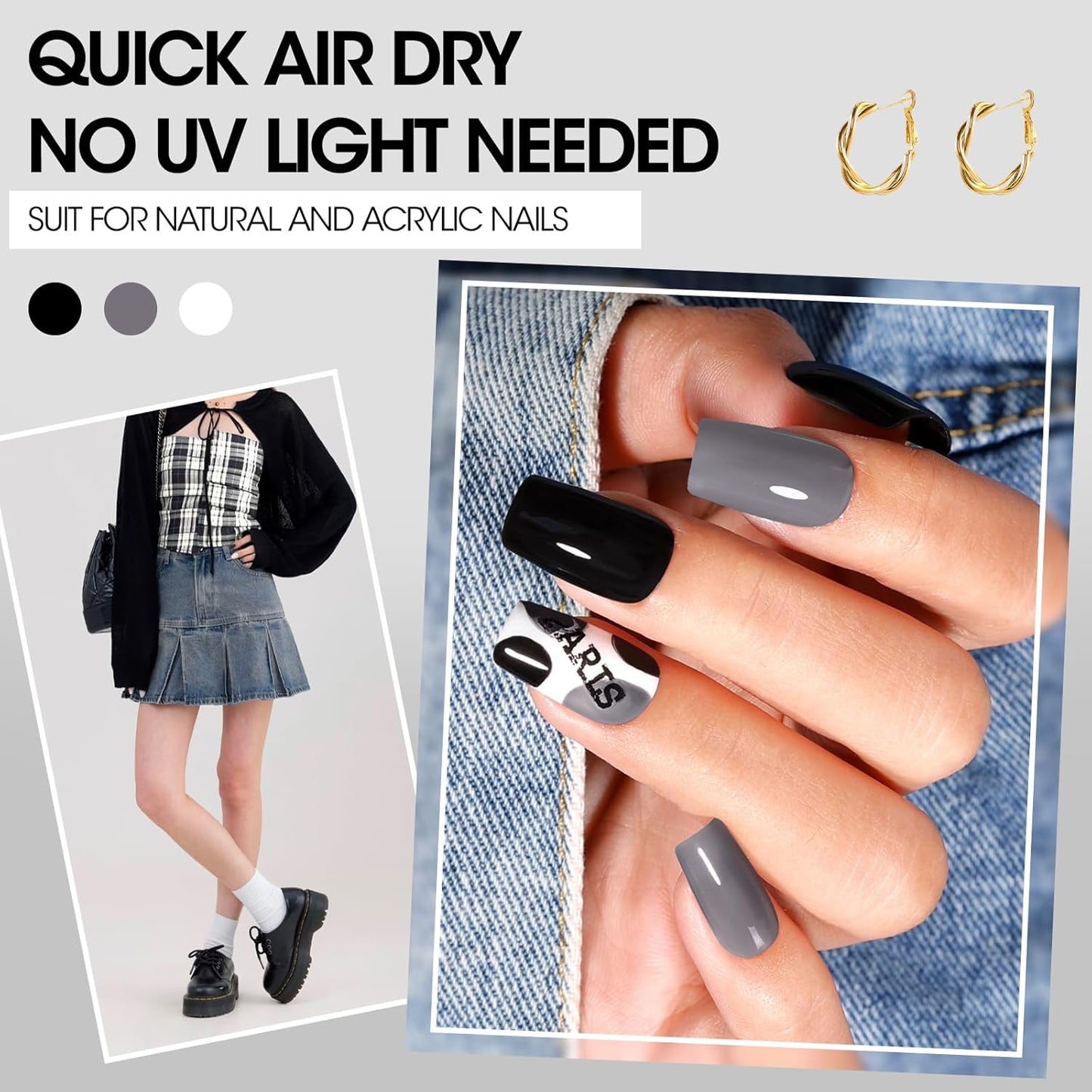 Gellen 4 Colors Black White Gray Nail Polish Set & Base Top Coat, Fall Winter Trendy Winter Black White Grey Regular Nail Polish Quick Air Dry Set for Women DIY Nails Home Salon, Hema Free, Toxin Free