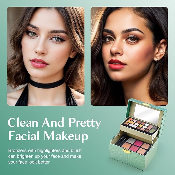 Color Nymph Beginner Makeup Kit For Teens, Girls Makeup kits With Recyclable And Key-Lockable Cabinet Included 17-Colors Eyeshadows Blushes Bronzer Highlighter Lipstick Brushes Mirror(Green)