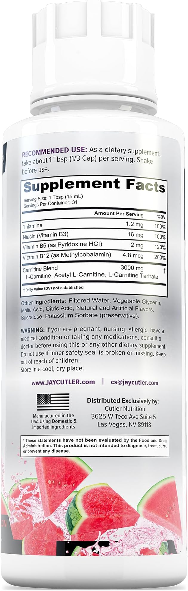 Cutler Nutrition Liquid Carnitine 3000 Contains Carnitine, Acetyl L Carnitine, L Carnitine Tartrate for Energy and Metabolism Support with B Vitamins | Watermelon Flavor | 31 Serves