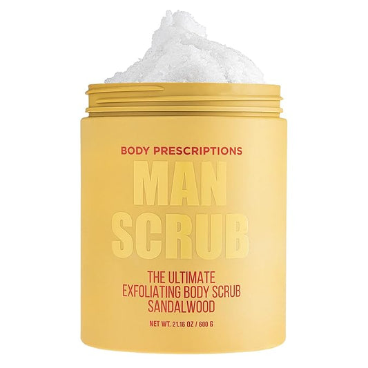 Body Prescriptions Men’s Exfoliating Body Scrub – Ultimate Skin Cleansing Wash in Jar with Twist-Top Lid, For All Skin Types, 21 Ounce (Pack of 1), Sandalwood