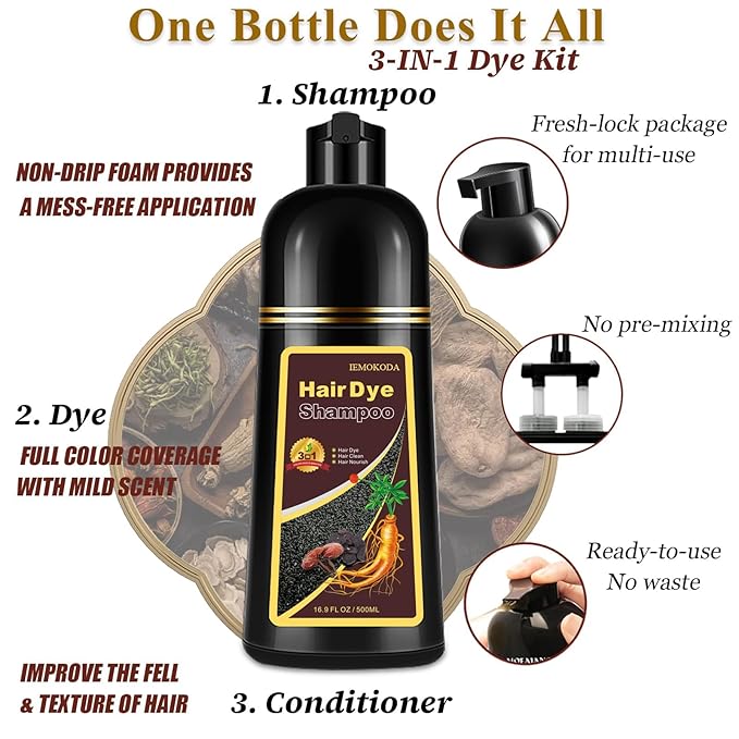 Dark Coffee Hair Dye Shampoo 3-in-1, 100% Gray Hair Coverage in Minutes, Instant Brown Shampoo Hair Dye, Herbal Hair Color Shampoo for Women & Men, Coloring Shampoo for Dyeing Gray, 16.9 Fl Oz