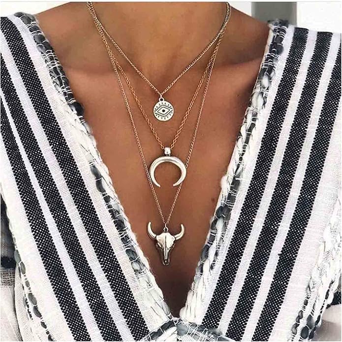 Boho Layered Moon Necklace Silver Compass Disc Pendant Necklace Chain Cow Evil Eye Charm Necklace Jewelry for Women