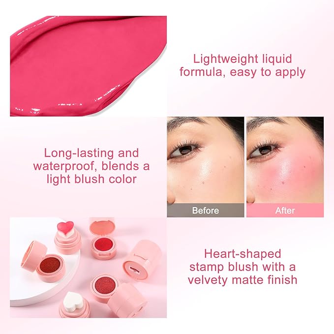 Boobeen Liquid Blush for Cheeks, Buildable & Blendable Face Blusher, Cheek Stamp Blush with Heart-shaped Applicator, Lightweight Air Cushion Blush for Velvet Matte Finish