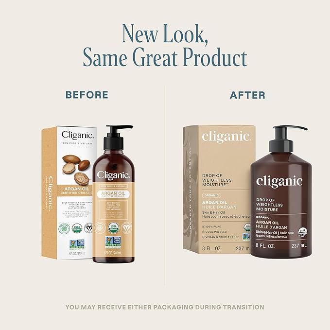 Cliganic Organic Argan Oil 8oz with Pump, 100% Pure - for Hair, Face & Skin (Packaging May Vary)