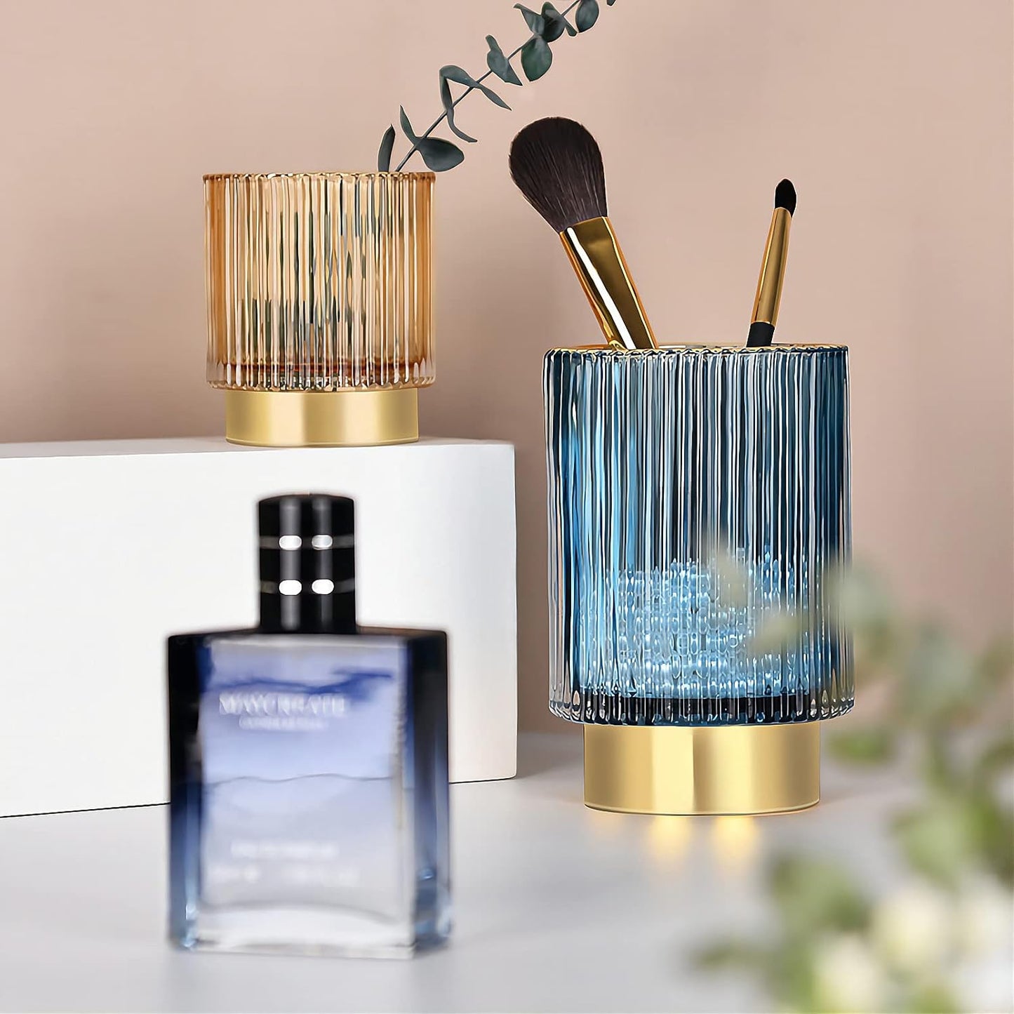 DASITON Makeup Brush holder Organizer,Crystal Cosmetic Makeup Brush Glass Brushes Storage Holder, Vintage Make Up Brush Cup Pen Pencil Holder striped vase(Blue L)