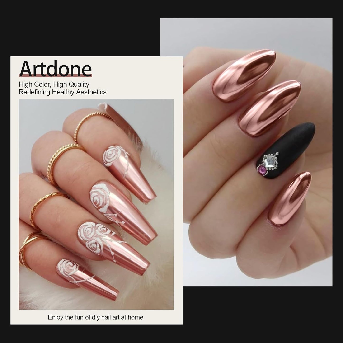 Artdone Chrome Nail Powder, Rose Gold Iridescent Aurora Powder Metallic Mirror Effect Pigment Pearlescent Mermaid Pigment Pearl Glitter Dust Kit, Nail Art Decoration, Resin Craft