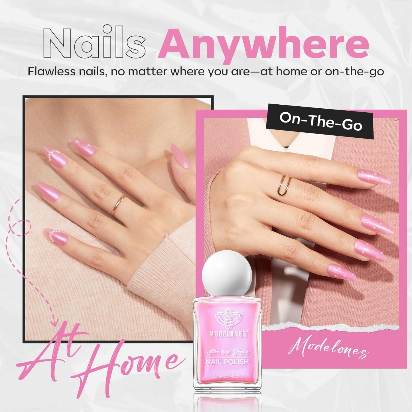 modelones Shine Pink Nail Polish, 15ml Shimmer Pearl Pink Nail Polish Quick Dry Nail Lacquer Strengthener Long Last Shine Fingernail Toe Nail Art DIY Home Travel Manicure Gift for Women Girls