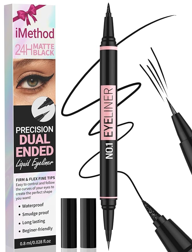 iMethod Liquid Eyeliner - Waterproof Eyeliner 2-in-1 Dual-Ended Eye Liner with Precise Brush-Tip and Thick Tip, Black Liquid Liner Pen, Matte Finish, Long Lasting, Smudge-proof, Transfer-proof