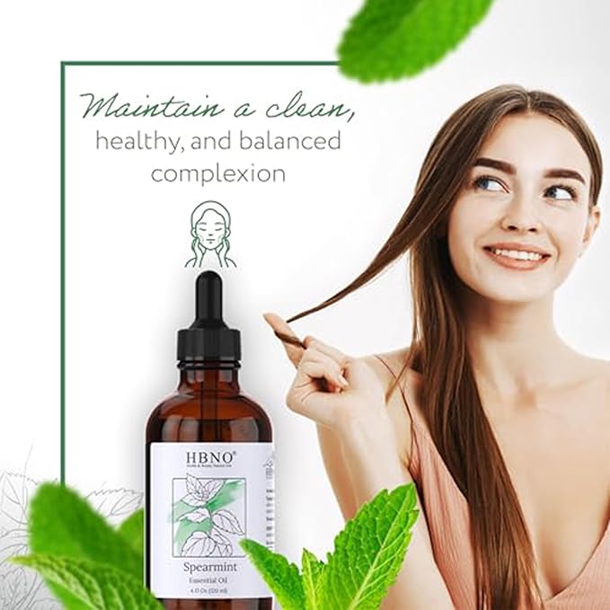 HBNO Spearmint Essential Oil - Huge 4 oz (120ml) Value Size - Natural Spearmint Oil - Perfect for Cleaning, Aromatherapy, DIY, Soap & Diffuser -