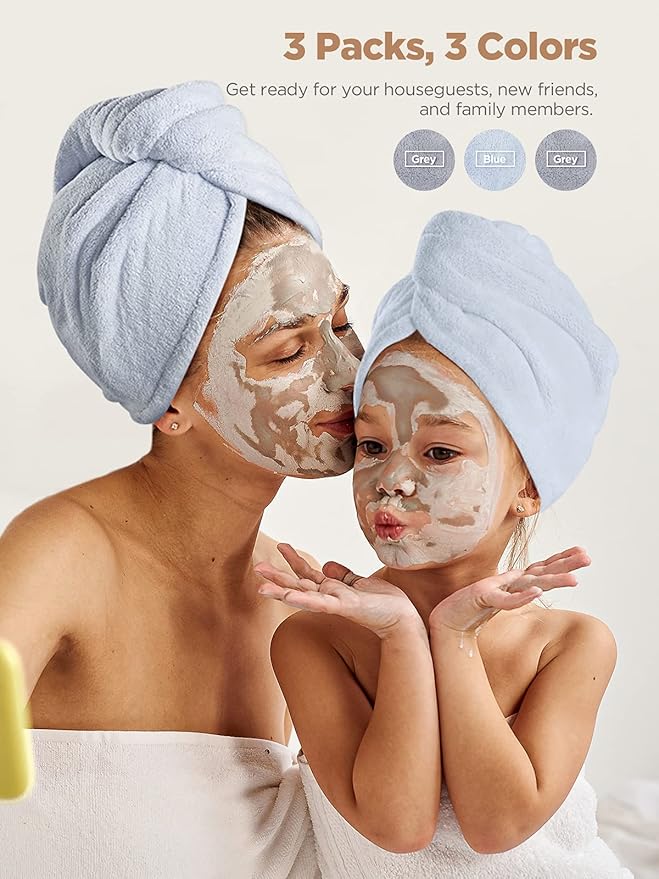 Hicober Microfiber Hair Towel, 3 Packs Hair Turbans for Wet Hair, Drying Hair Wrap Towels for Curly Hair Women Anti Frizz (Grey,Blue,Grey)