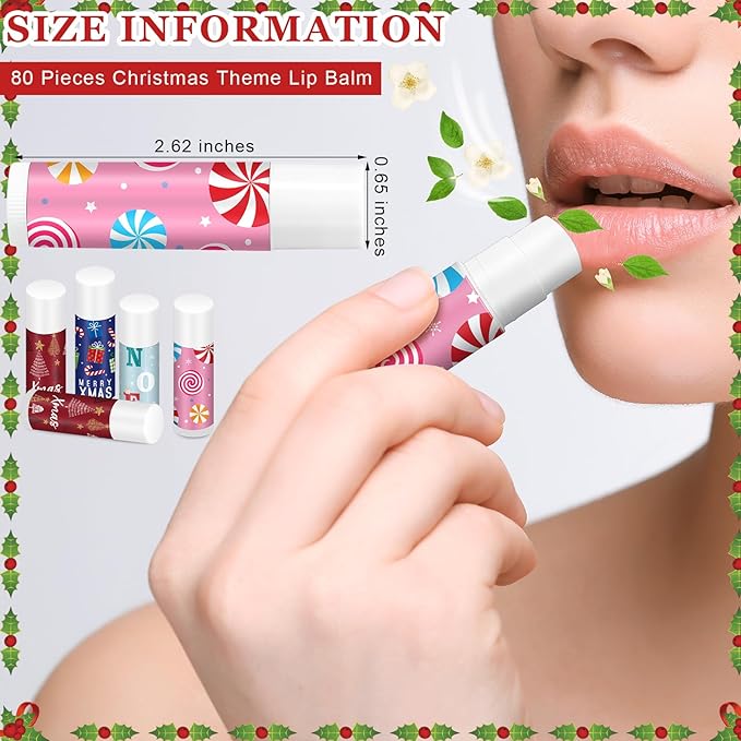 Sosation 80 Pcs Christmas Flavored Lip Balm Bulk Christmas Stocking Gift Set Holiday Celebrate Lip Balm Stick Beauty Care