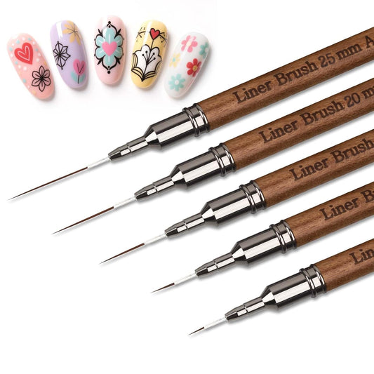 Artdone Wood Grain Nail Art Pens, Liner Brushes Set, 5PCS Brown Color Nail Tools For Long Lines, Thin Details, Fine Drawing, Liner Brush UV Gel Polish Painting Nail Design Sizes 5/12/13/20/25mm