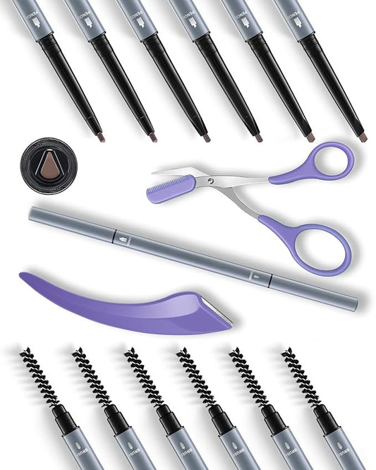 6Pcs Microblading Eyebrow Pencils Light Brown Waterproof Eye Brow Pencil w/Eye Brow Razor & Scissors Kit 0.5mm Ultra-Fine Tip Creates Hair-Like Strokes for Women Effortless Natural Brows