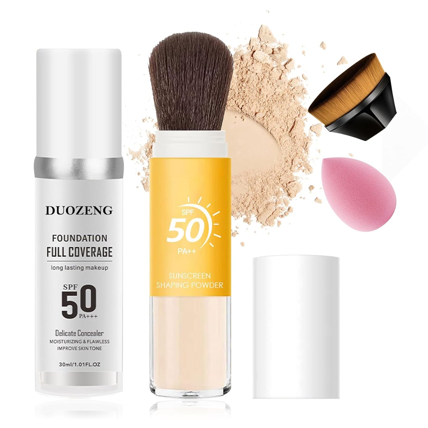 Sunscreen Setting Powder,Warm Change Foundation,Brush Setting Makeup SPF 50 PA++ for All Skin,Moisturizing Loose Face Powder with Sunscreen Brush