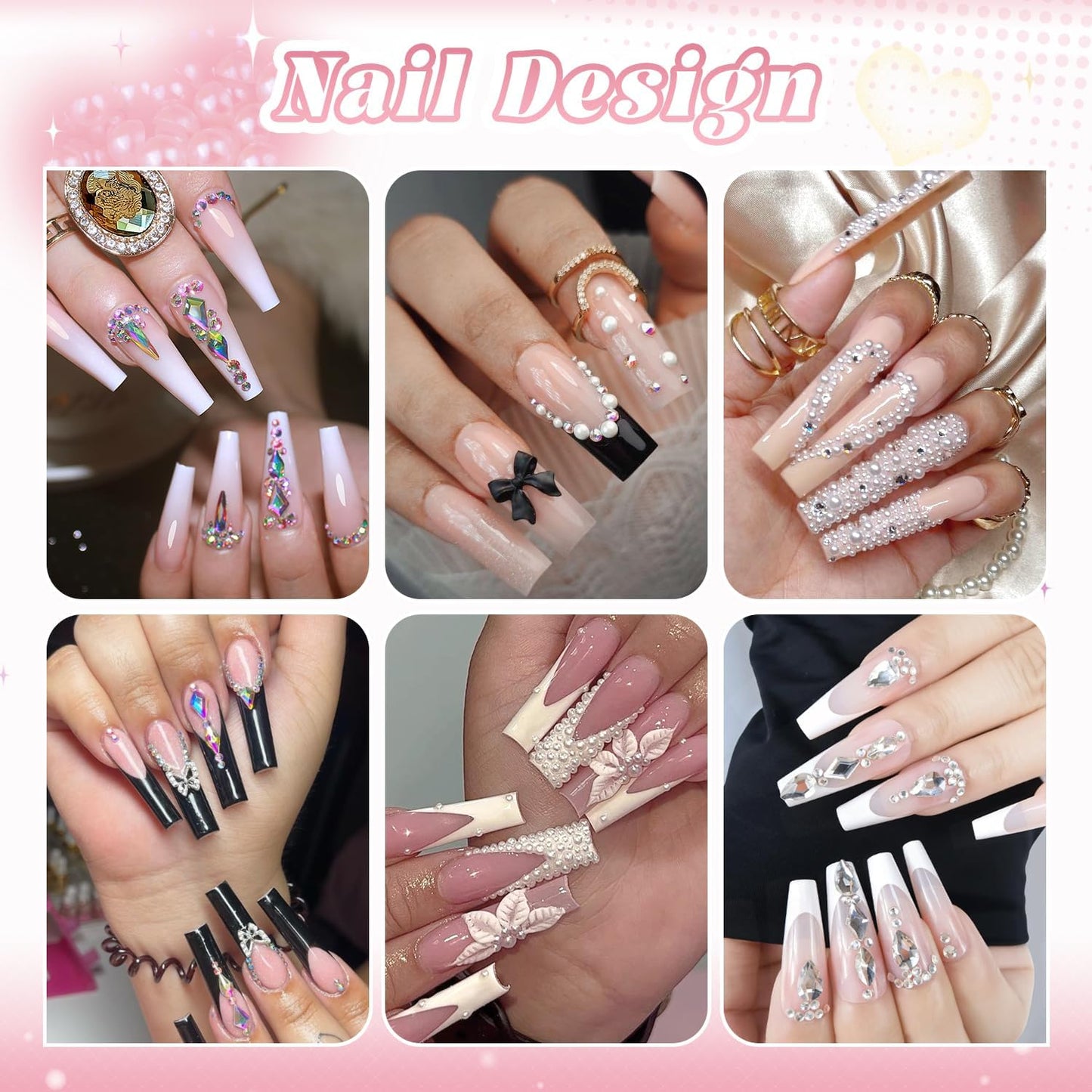 Flatback Pearls (White) and Metal Nail Beads (Silver) and Glass Rhinestones (Clear+AB) with Rhinestones Glue Gel for Nail Art, Pearl Nail Charms and Round Caviar Beads Crystals Gem for Manicure Decor