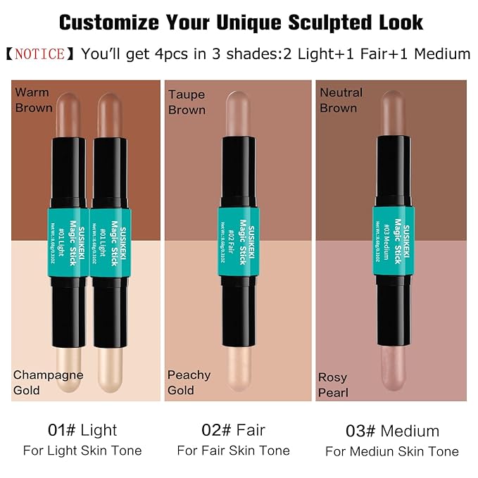 Contour Stick, 4Pcs Dual-Ended Highlighter Makeup Pen & Contouring Stick for Face Shaping, Long Lasting Waterproof Cream Bronzer & Highlight Sticks Make Up Kit for All Skin Tones(Set A+Set B)