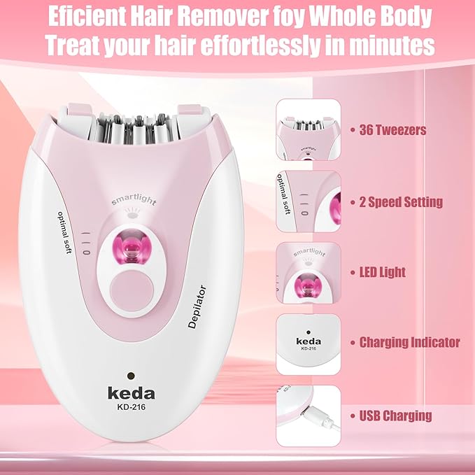 Epilator for Women, Epilators with LED Light, Dual Speed Hair Removal Device, Facial Hair Removal Women, Cordless, Epilators Hair Removal Rechargeable, for Epilator Bikini, Face, Arm, Legs, Armpits