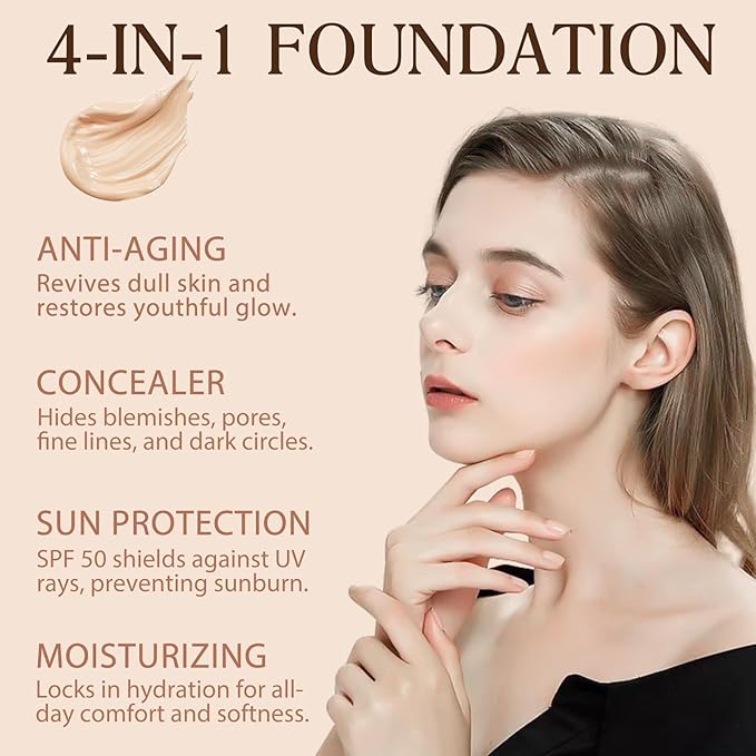 Colour Changing Foundation Liquid 4 in 1, Foundation for Older Women, Hydrating Longwearing & Waterproof Concealer, SPF 50+ Makeup Base Nude Face, Medium Spectrum for all Skin