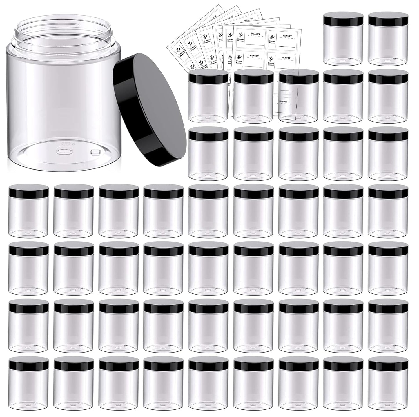48 Pack 8 OZ Plastic Jars Round Clear Cosmetic Container Jars with Lids, Eternal Moment Plastic Slime Jars for Lotion, Cream, Ointments, Makeup, Eye shadow, Rhinestone, Samples, Pot, Travel Storage