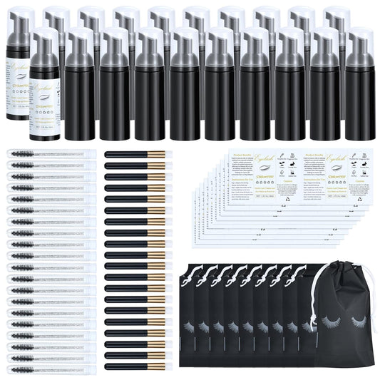 100 Pcs Lash Shampoo Bottle Brushes Set 20 Empty Foam Pump Dispensers 20 Label Stickers 20 Mascara Wands and Tubes 20 Cleansing Brush 20 Bag for Eyelash Extensions Aftercare(Black)
