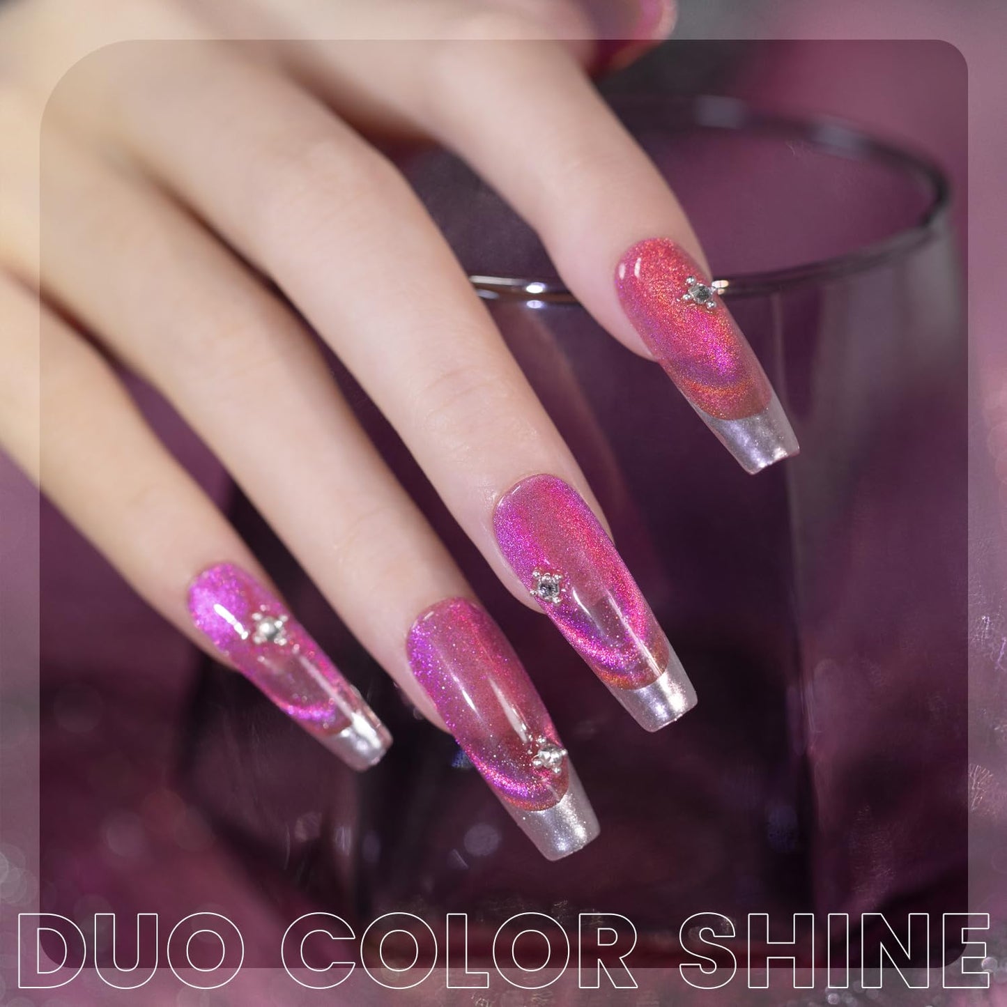 RARJSM Rose Pink Aurora Cat Eye Gel Nail Polish Multichrome Color Glitter Fuchsia Candy Glass Diamond Cat Eye Gel Polish with Magnet Stick Soak off UV LED Curing Requires Home Salon Diy Nail Art