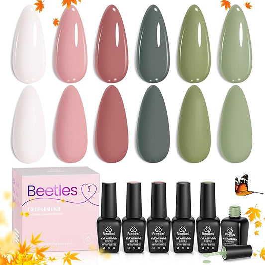 Beetles Gel Nail Polish, 6 Colors Sage Green Tranquil Grace Collection Pink Olive Green White UV Gel Nail Polish Manicure Art Design Gifts for Women