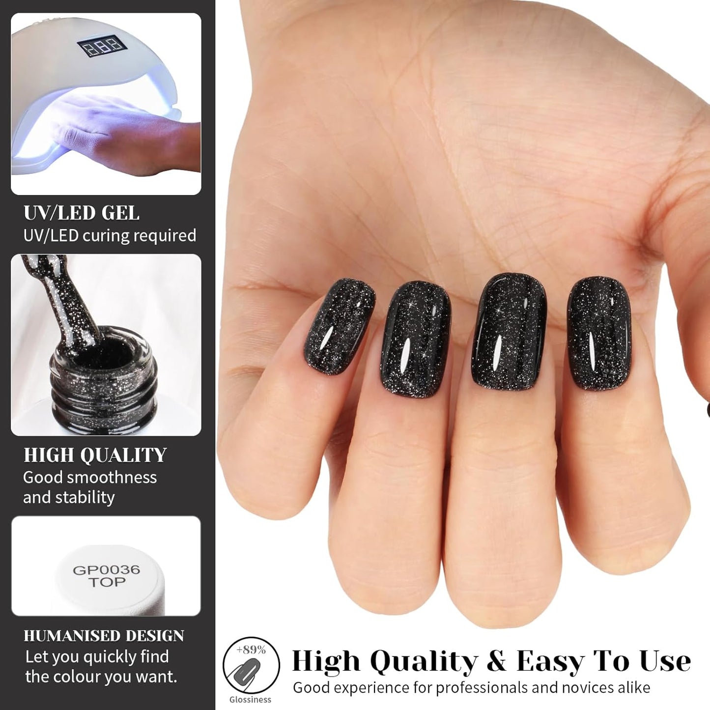 Glitter Black Gel Polish,Sparkle Shimmer Black Glitter Gel Nail Polish,15ml Soak Off UV Gel Polish for DIY Manicure, Gifts for Women Grils - GP0065