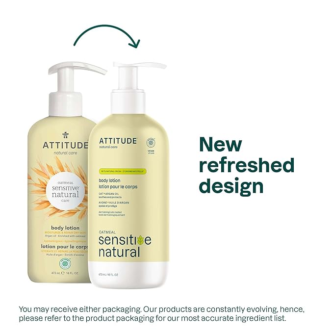 ATTITUDE Body Lotion for Sensitive Skin with Oat, EWG Verified, Dermatologically Tested, Vegan, Argan Oil, 16 Fl Oz