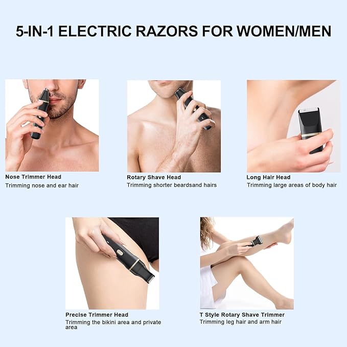 ele ELEOPTION Electric Razors for Women 5-in-1 Waterproof Wet Dry Electric Shaver with USB Charge Dock, Legs Hair Remover, Body Shaver for Beard Bikini Trimmer for Women Black