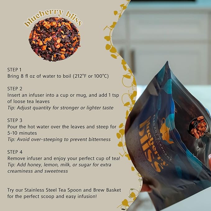 Blueberry Bliss Tea, Organic Loose Leaf Herbal Tea – Real Fruit, Summer Juice, Caffeine-Free, Refreshing Sweet Iced Drink – 4 oz Resealable Bag (Makes 50 Cups)