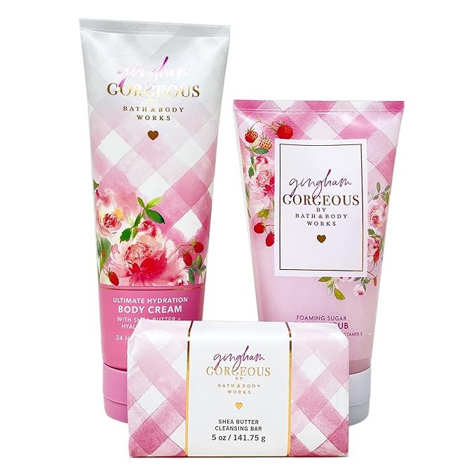 Bath & Body Works Gingham Gorgeous 3 Piece Set - Body Cream - Body Scrub - Cleansing Bar - Full Size
