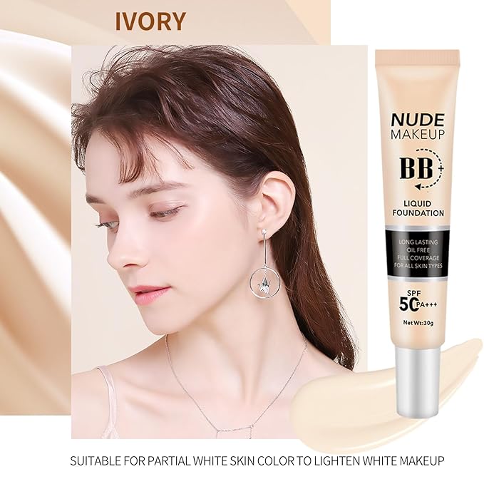 BB Cream with SPF 50, BB Cream Full Coverage, Hide Pores Blemishes, Nude Makeup Base, Even Skin Tone, Long Lasting Oil Control, Hydration BB Cream, Natural Finish for All Skin Types (Ivory)