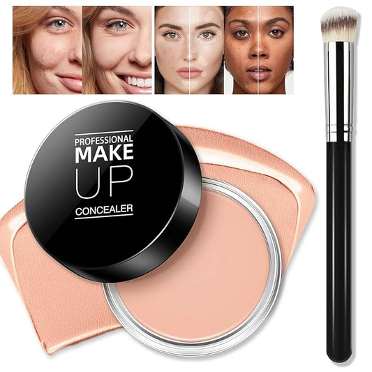 Cream Concealer Full Coverage Makeup, Matte Color Correcting Concealer with Brush, Waterproof, Conceals Blemish, Pores and Spots, Under Eye Makeup Concealer for Dark Circles (#04 LIGHT)