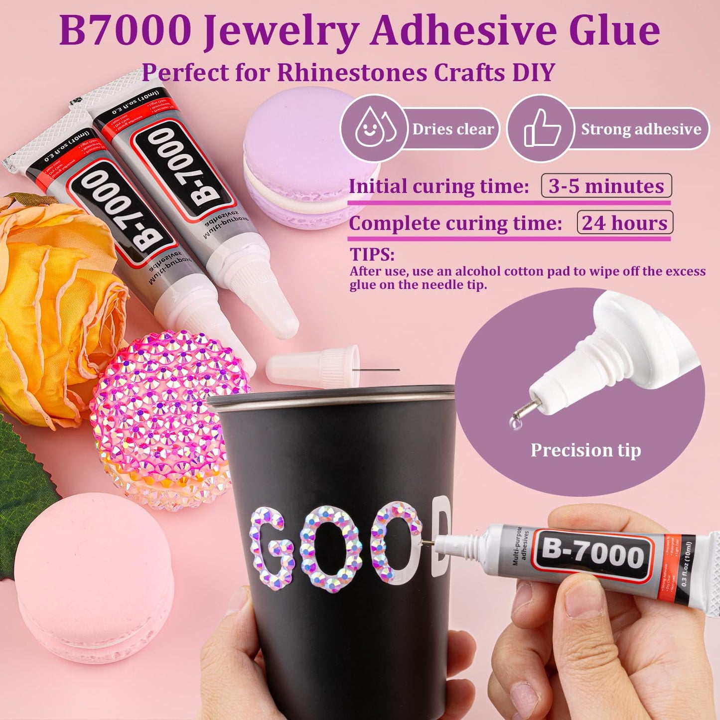 Resin Jelly Rhinestones for Crafting with B7000 Jewelry Glue, 2 Boxes Light Purple AB Flatback Crystals with 3Pcs 10ml Glue, Bedazzling Non Hotfix Gems for DIY Tumblers Clothing Shoes Manicure