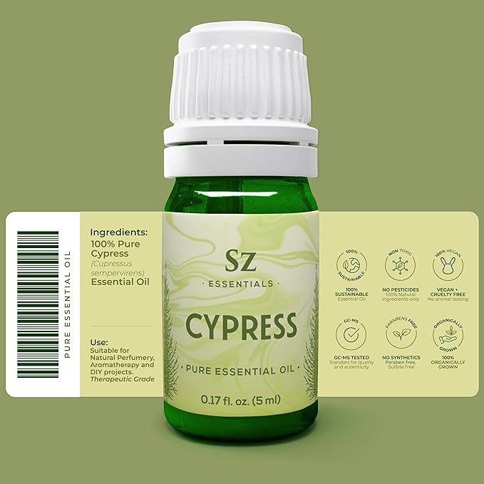 Cypress Essential Oil (Cupressus sempervirens) - 100% Pure & Undiluted - Fresh Crisp & Woody Aroma with Overtones of Earth and Evergreen - Therapeutic Grade and Vegan - 0.17 oz (5ml)