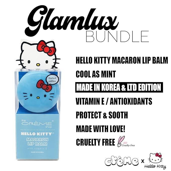 Beauty Bundle The Creme Shop X Hello Kitty Macaron Lip Balm For Cracked/Dry Lips, Hello Kitty Kawaii Kiss Lip Oil Tinted Apple & K-Beauty Tea Time Face Mask; Plumping & Youthful
